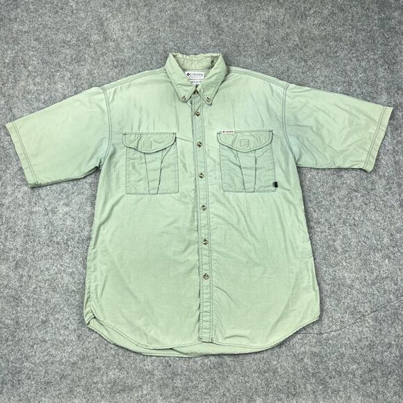 VTG Columbia Shirt Mens Large Green Nylon GRT Short Sleeve‎ Button Down Hiking - Picture 1 of 12